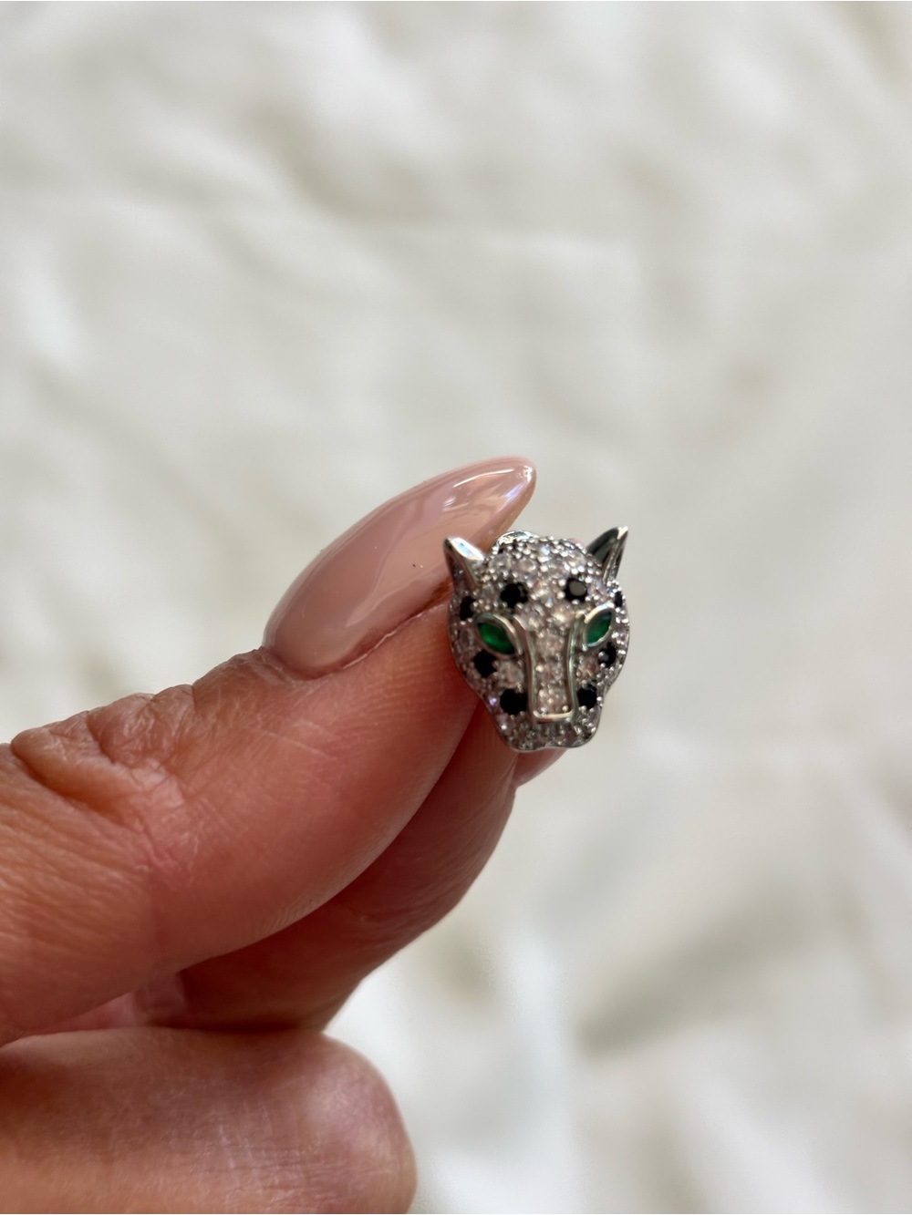 Silver Panther Head Stud Earrings with Green Stone Eyes - Picture 2 of 3